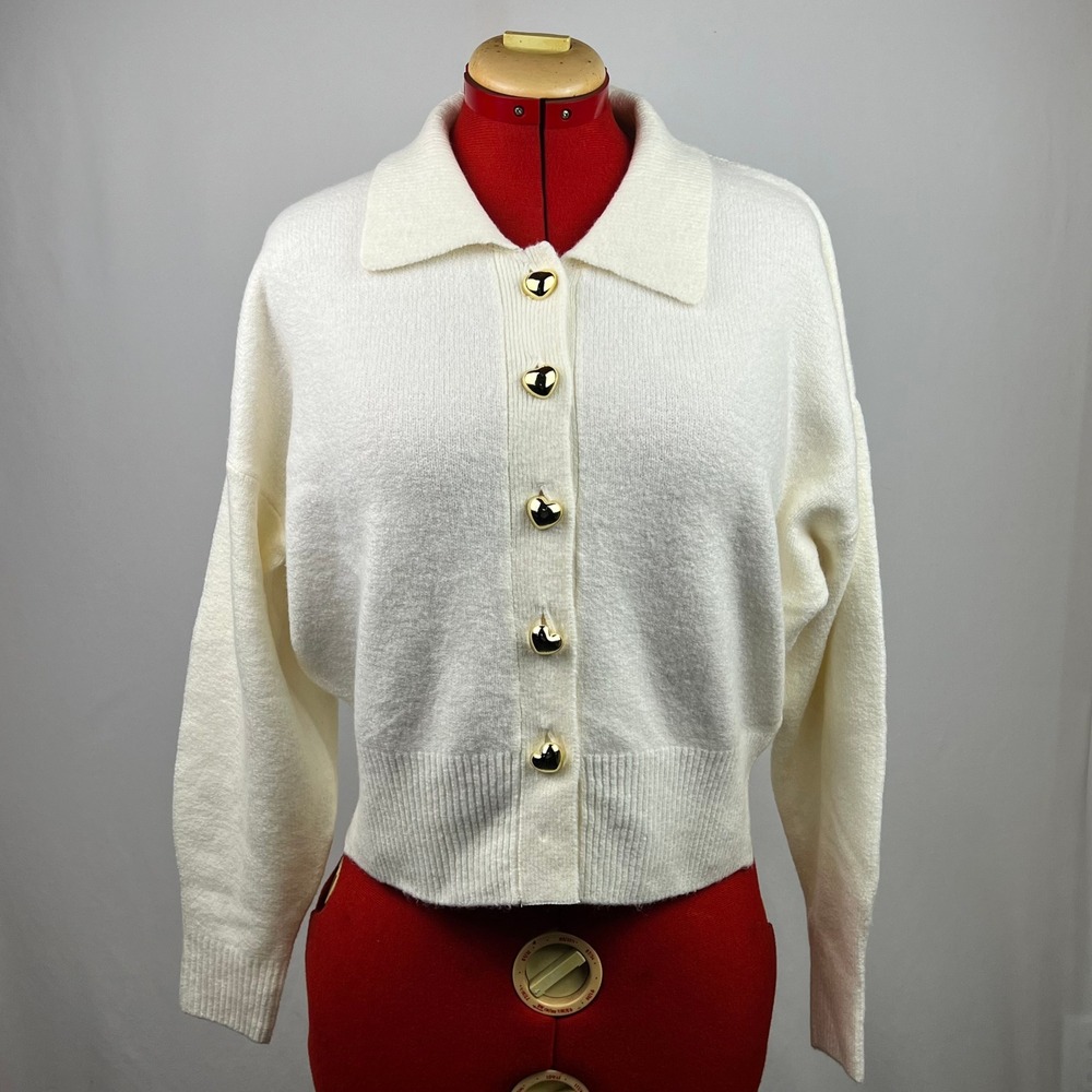A New Day Cream Cardigan Sweater Gold Heart Buttons Polo Collar Womens Large NWT